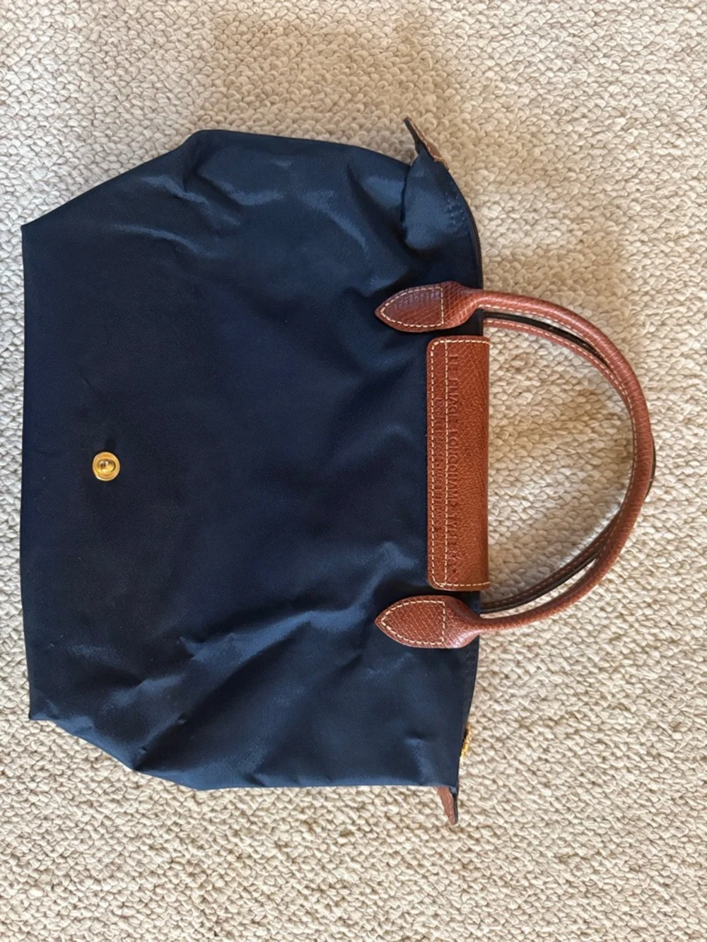 Longchamp Navy Tote with Brown Leather Trim and Gold Accent - Picture 2 of 5